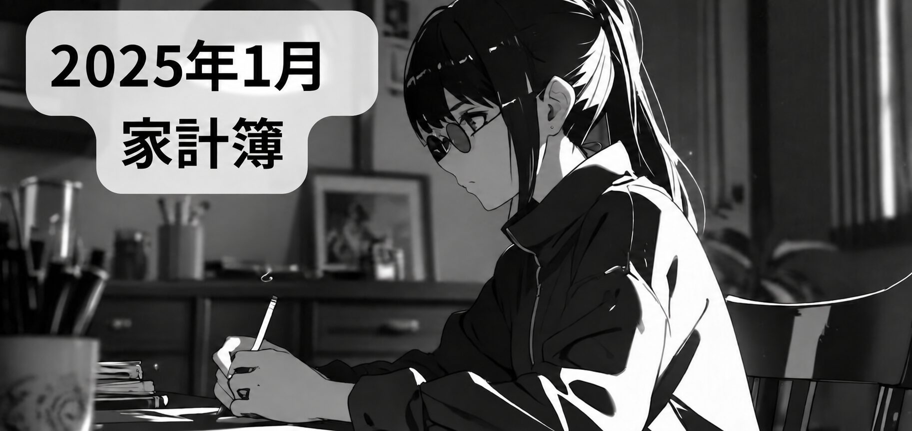 2025年1月の家計簿。机で家計を記録する女性の白黒イラスト