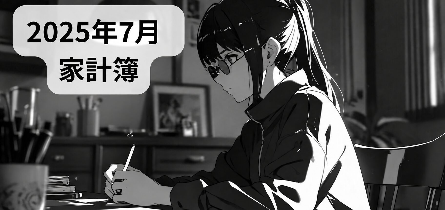 2025年7月の家計簿。机で家計を記録する女性の白黒イラスト