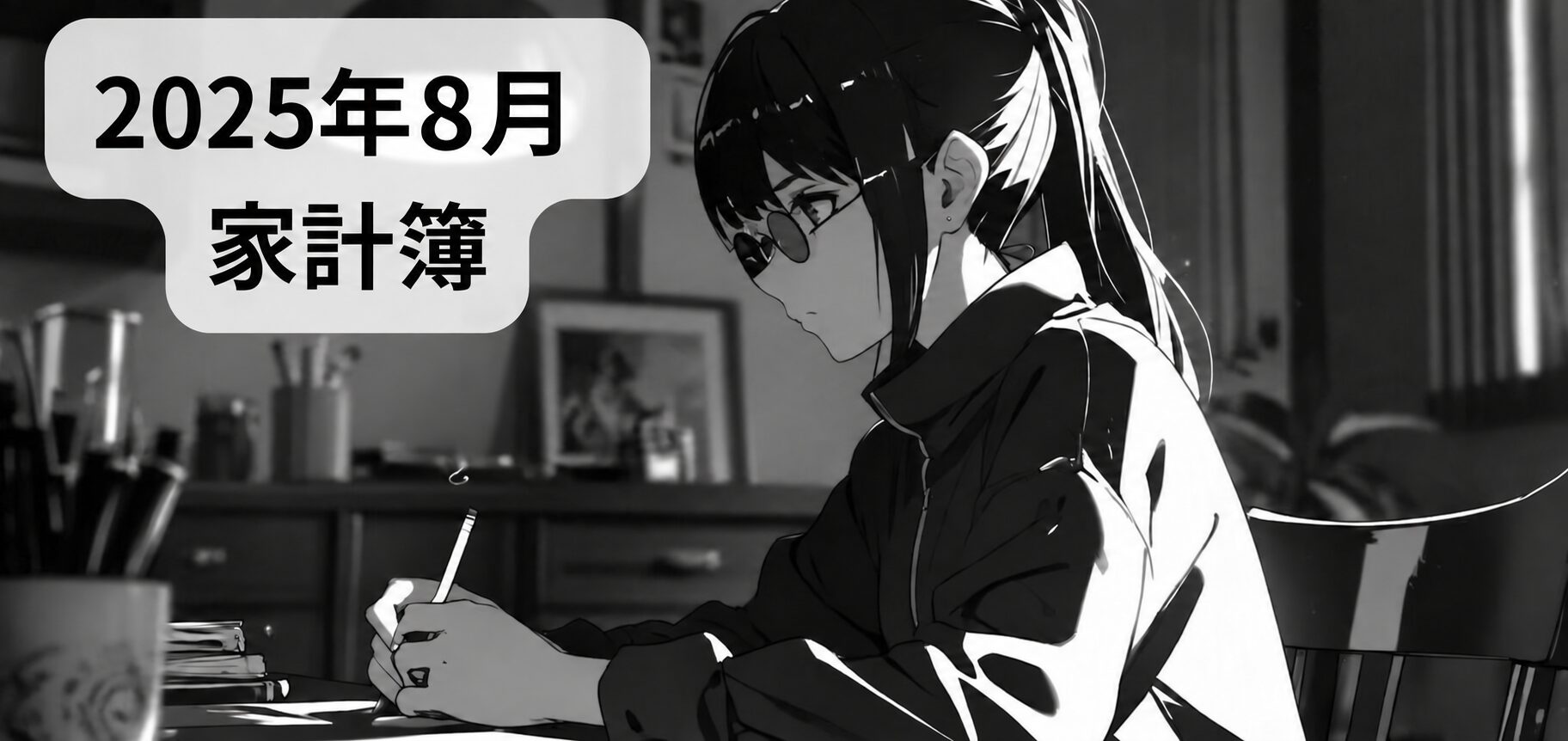 2025年8月の家計簿。机で家計を記録する女性の白黒イラスト