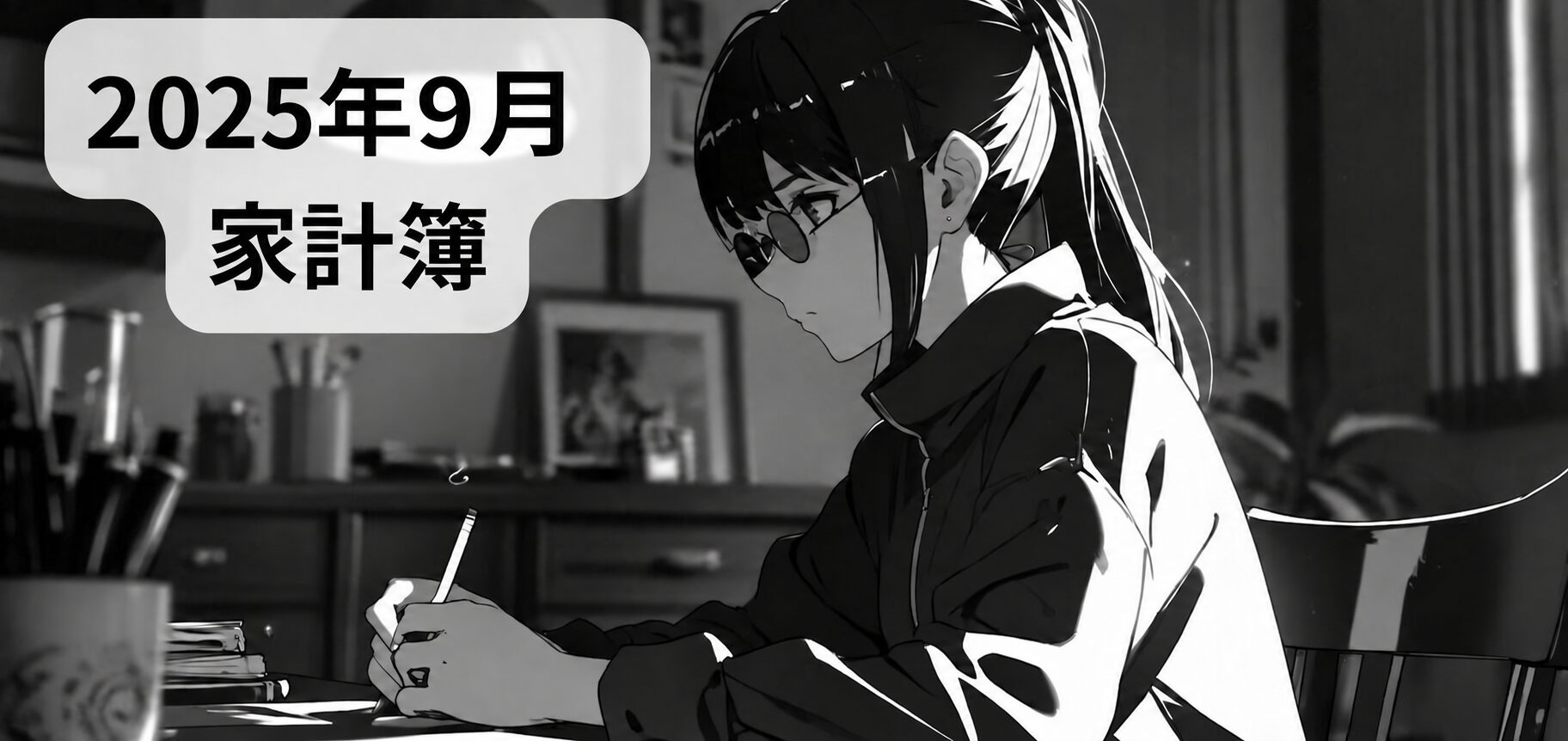 2025年9月の家計簿。机で家計を記録する女性の白黒イラスト